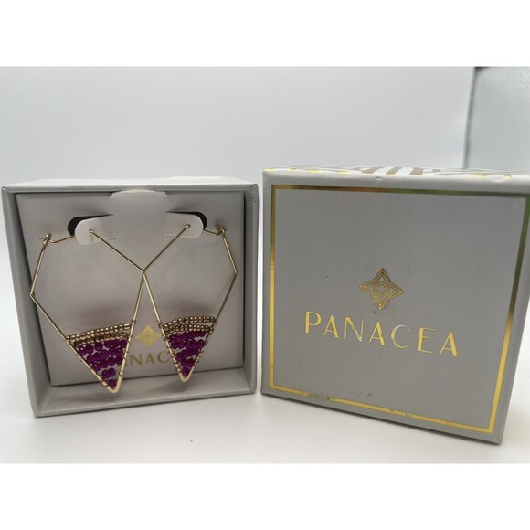 Panacea Gold & Hot Pink Seed Bead Geometric Hoop Earrings New - Picture 1 of 6